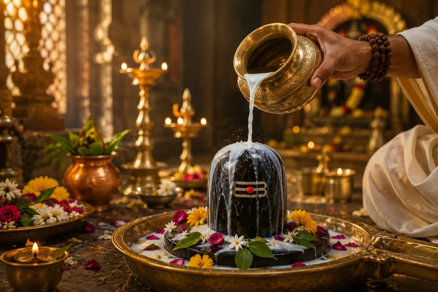 Milk abhishek being poured over a Shiva Lingam in warm light