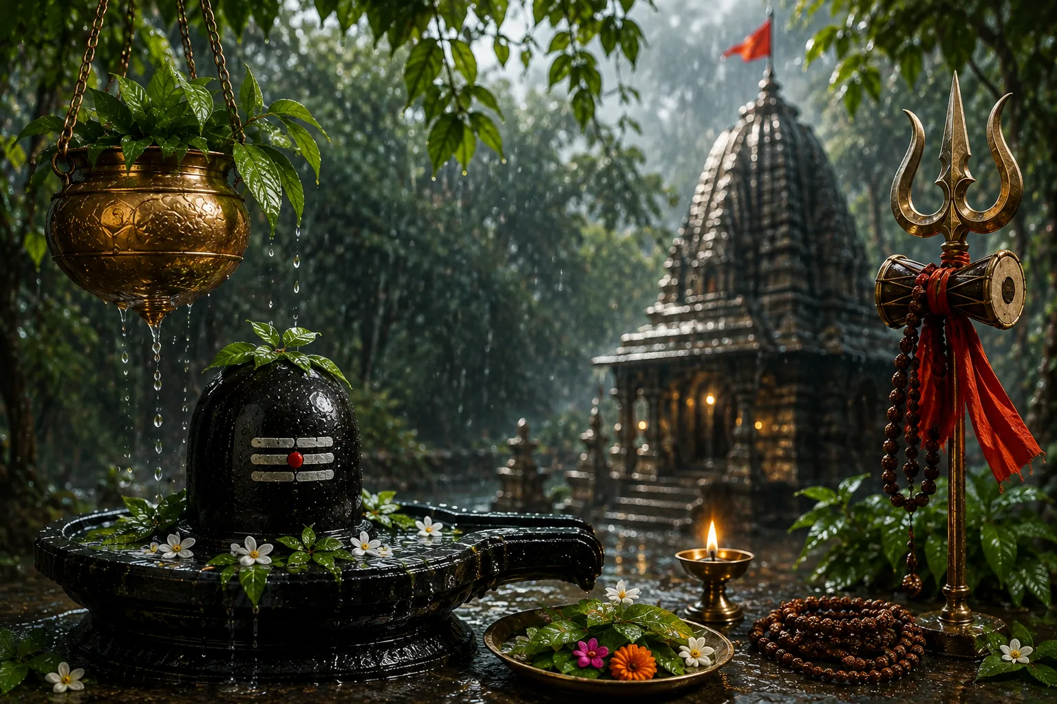 Devotees offering water at a Shiva temple in the rain