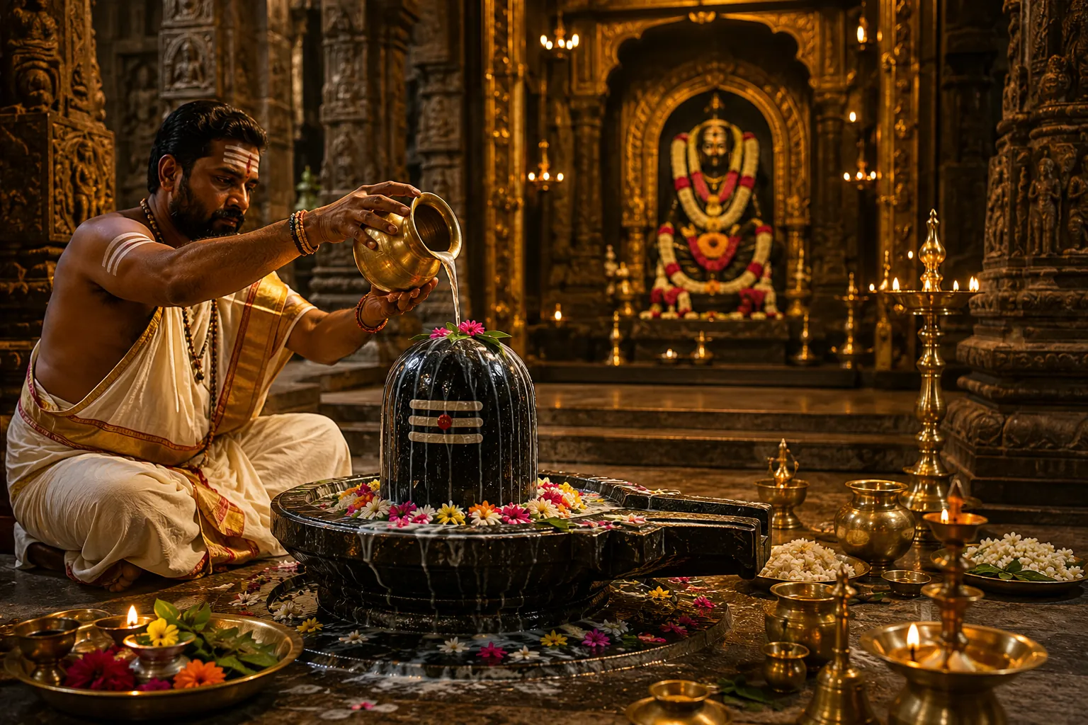 Shiva Lingam adorned with bel patra and flowers