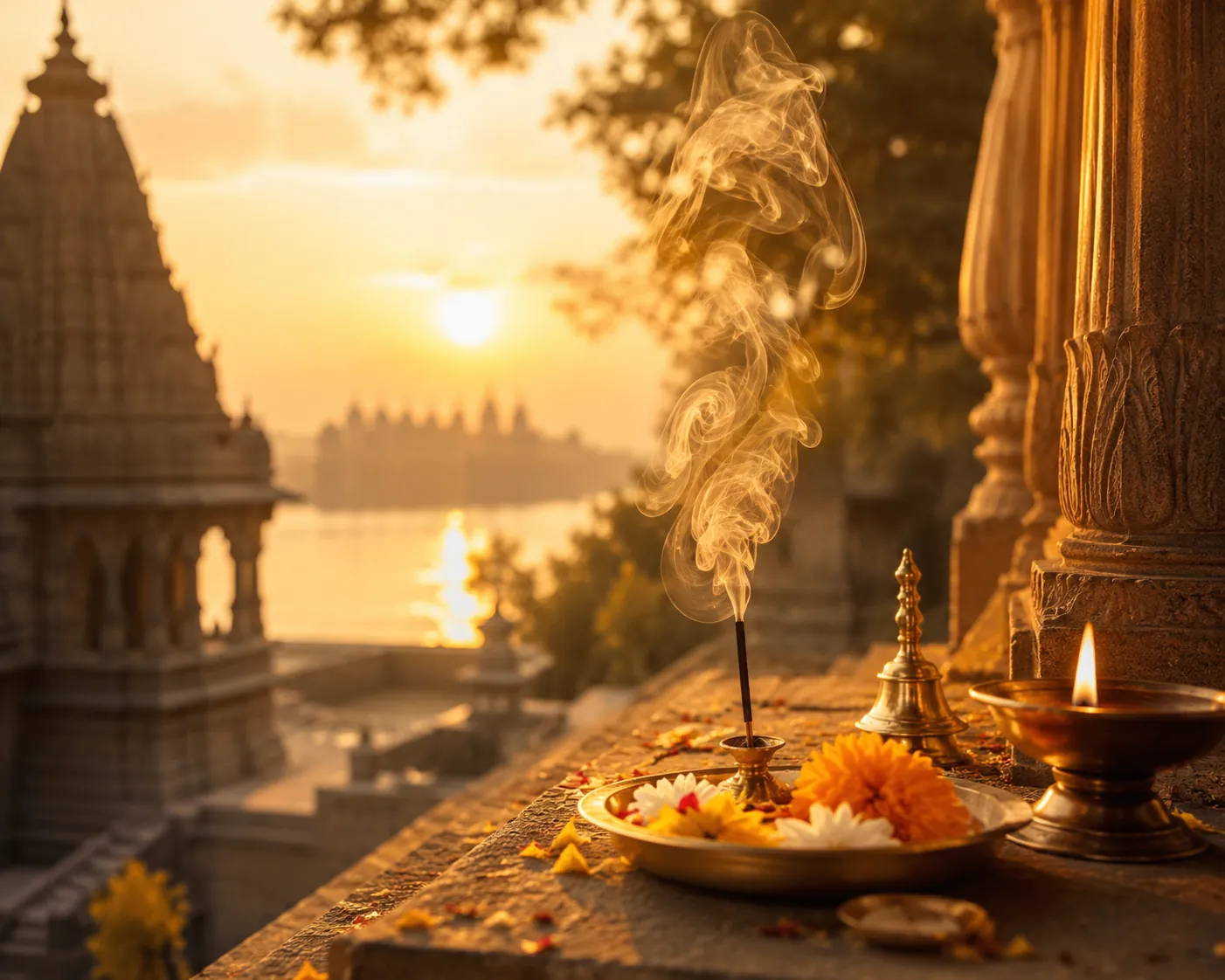 Cinematic Indian spiritual photograph in warm golden light